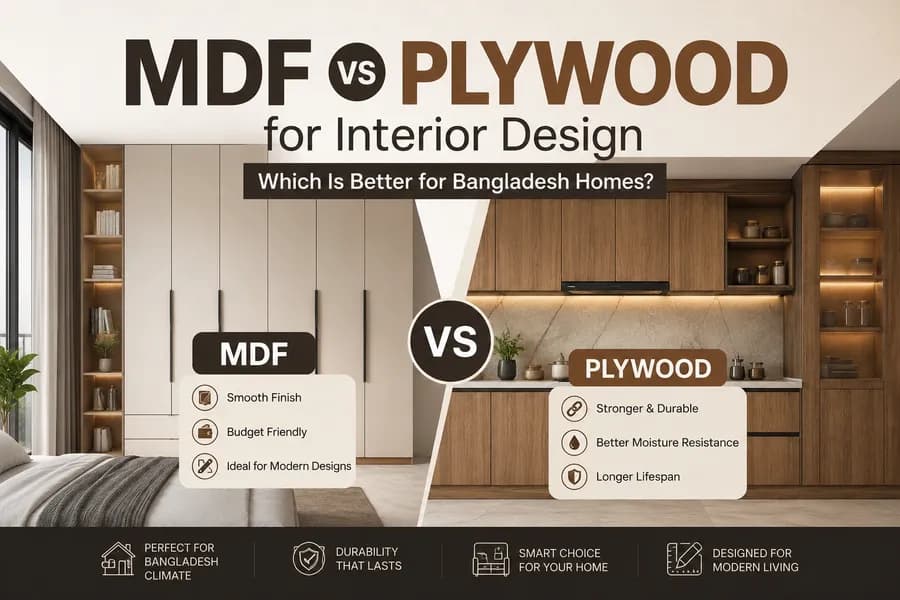 MDF vs plywood comparison for interior design in Bangladesh featuring modern wardrobe and kitchen cabinet interiors with durability and moisture resistance highlights